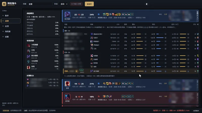 面板「战绩」：一局展开后的十人数据表，含 KDA、参团、输出、承伤、经济