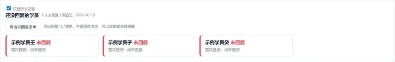 还没回复的学员：三张卡片，写着学员名和未回复