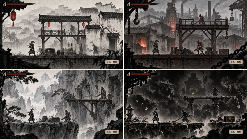 回火四章概念图：白墙宅院、锈蚀铁坊、悬崖栈道、墨色墟心（开发中）