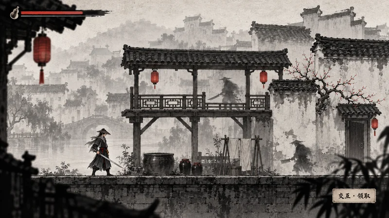 白室：雾中白墙宅院与木廊桥，红灯笼点缀