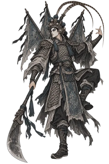 靠旗武生：背插靠旗、头戴翎子的戏装武生，手持长柄刀
